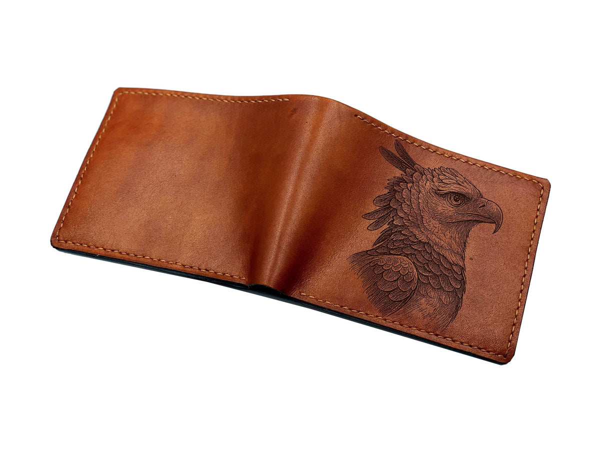 Engraved Harpy Eagle Leather Wallet, Custom Bifold, Bird Lover Gift