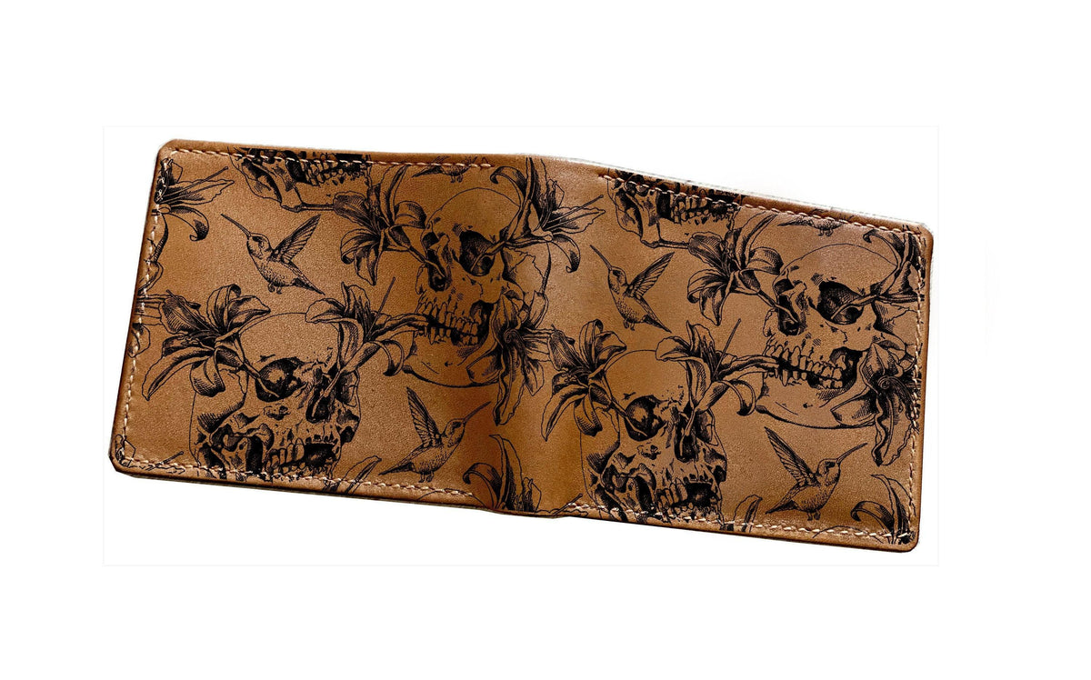 Skull Flower Leather Wallet: Handmade Horror Style Men's Gift