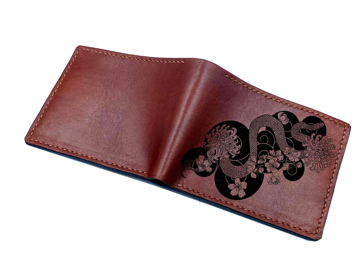 Personalized Floral Snake Leather Wallet, Vegetable-Tanned Cowhide, Men's Gift