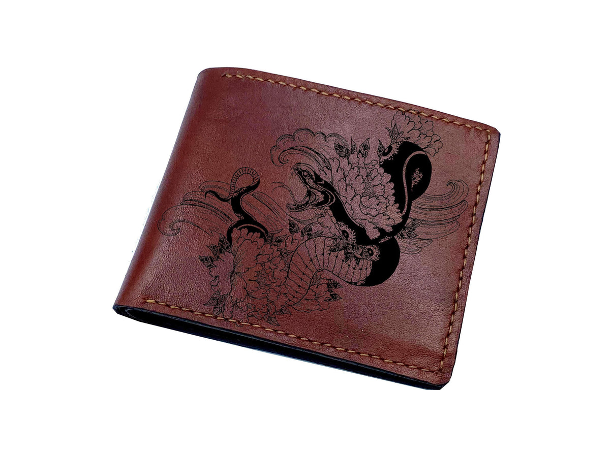 Personalized Floral Snake Leather Wallet, Vegetable-Tanned Cowhide, Men's Gift