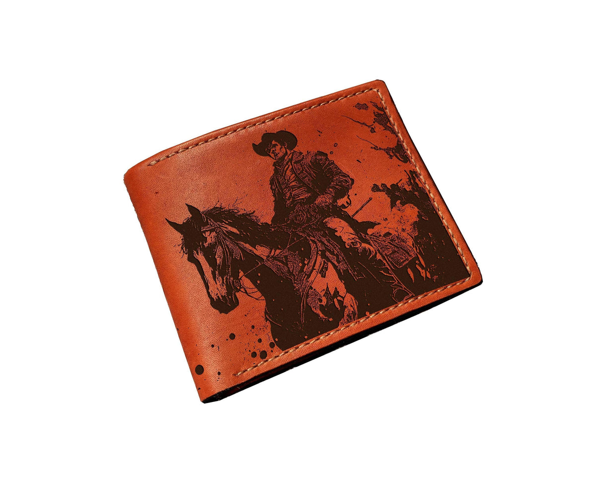 Engraved Cowboy Horse Leather Wallet - Handmade Western Style