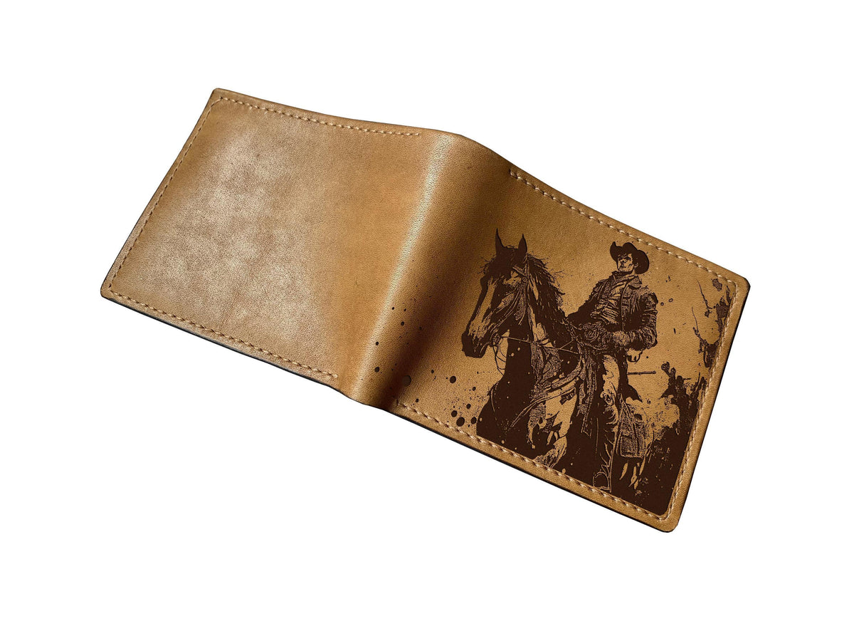 Engraved Cowboy Horse Leather Wallet - Handmade Western Style