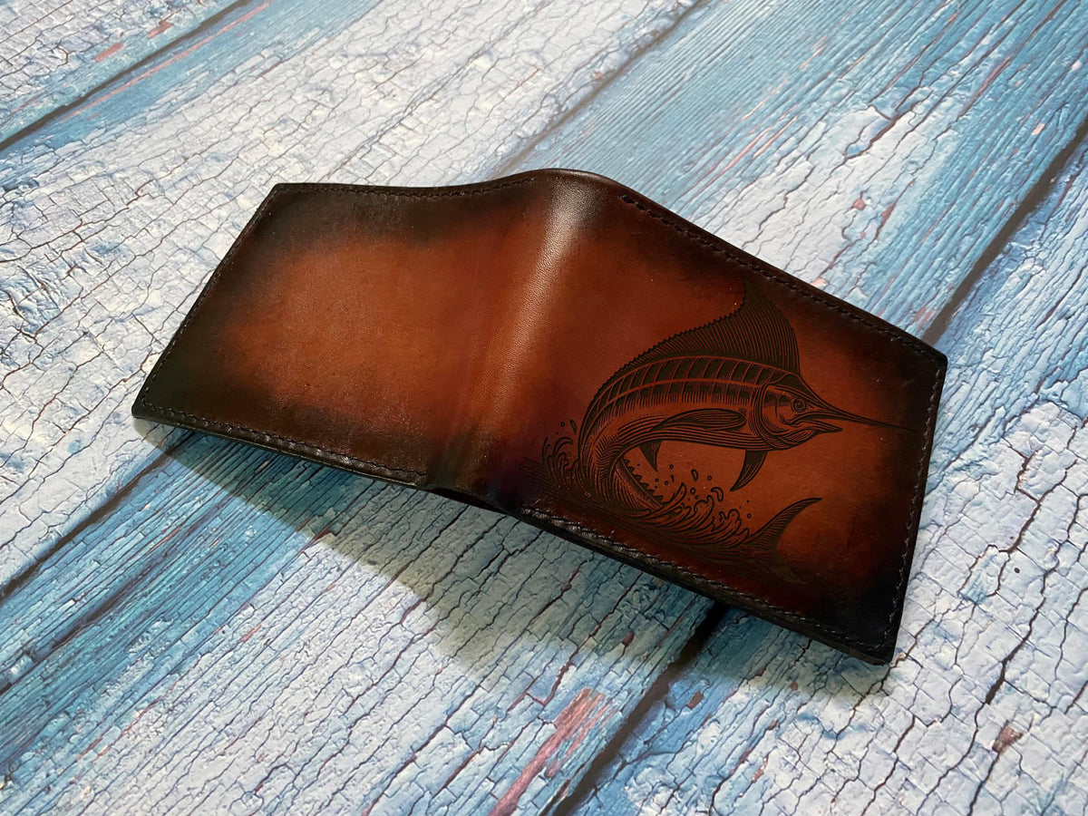 Engraved Swordfish Leather Wallet - Marlin Sailfish Design