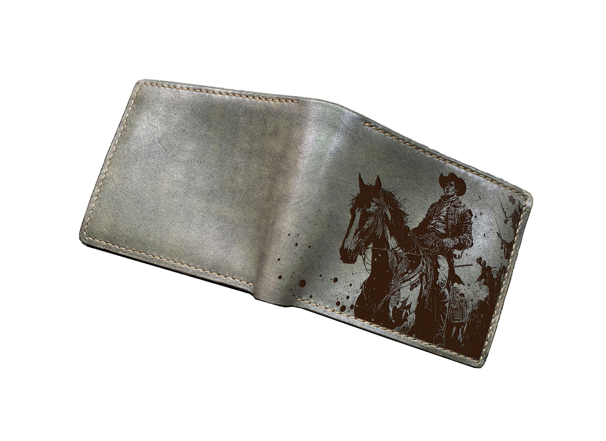 Engraved Cowboy Horse Leather Wallet - Handmade Western Style
