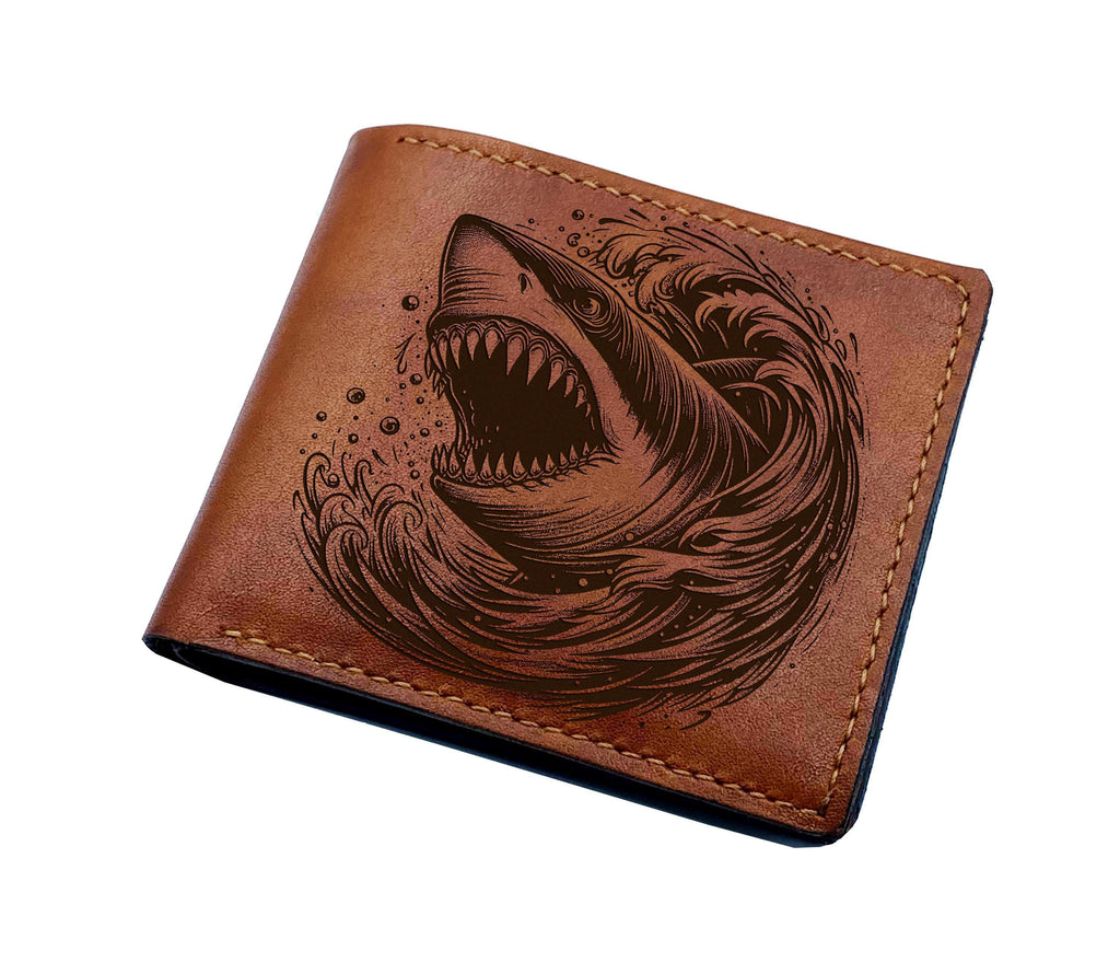 Engraved Shark Leather Wallet, Handmade Genuine Leather