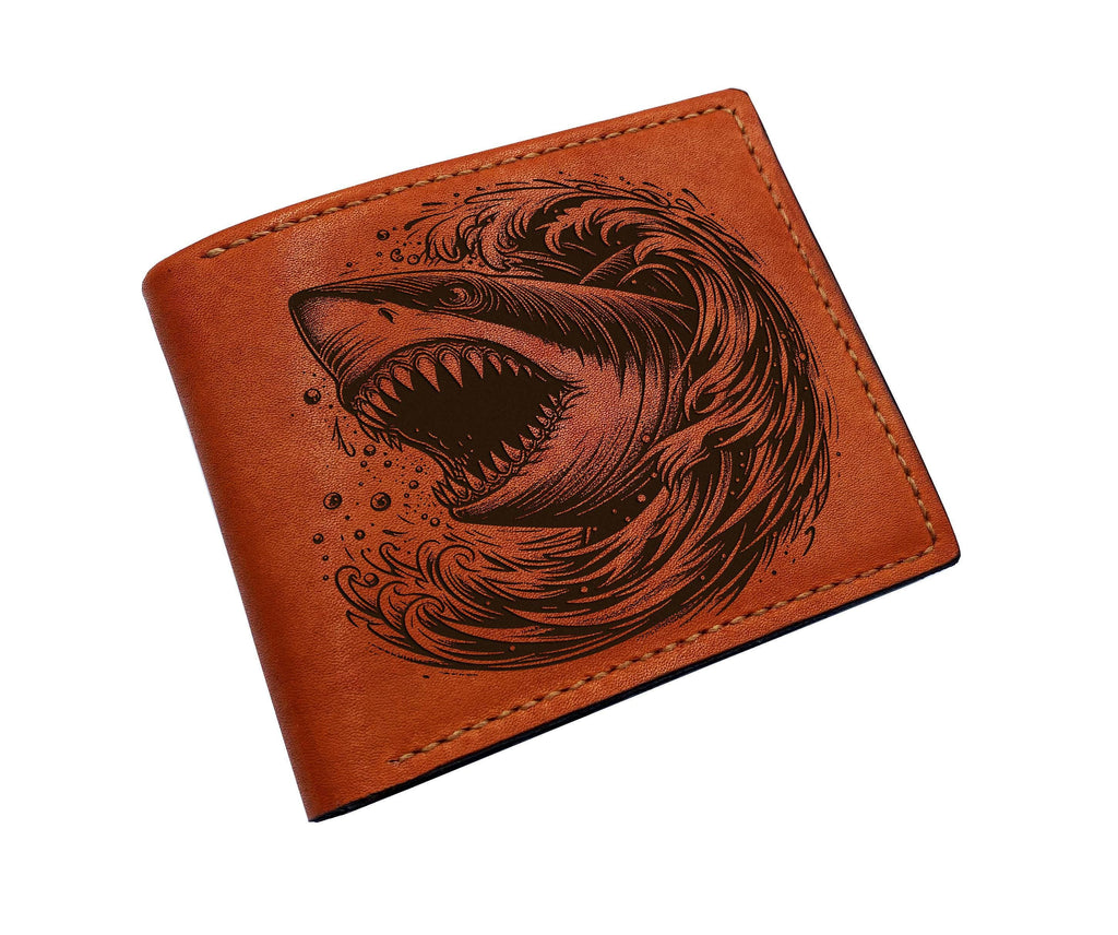 Engraved Shark Leather Wallet, Handmade Genuine Leather
