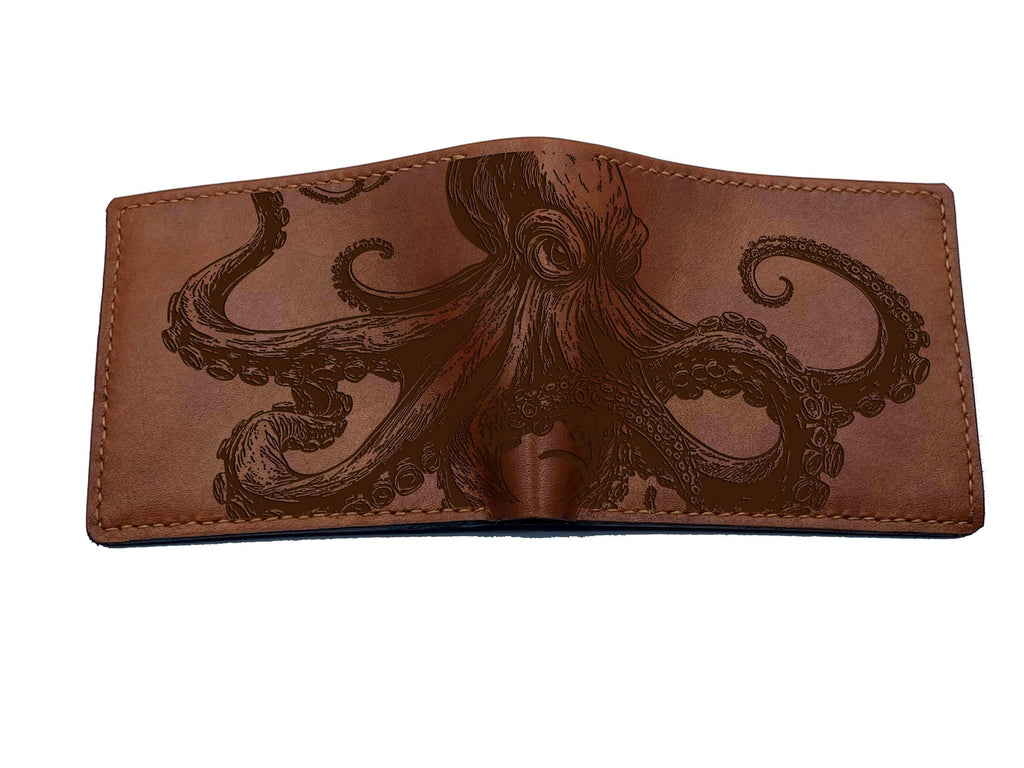 Octopus Drawing Leather Wallet: Handmade Kraken Sea Animal