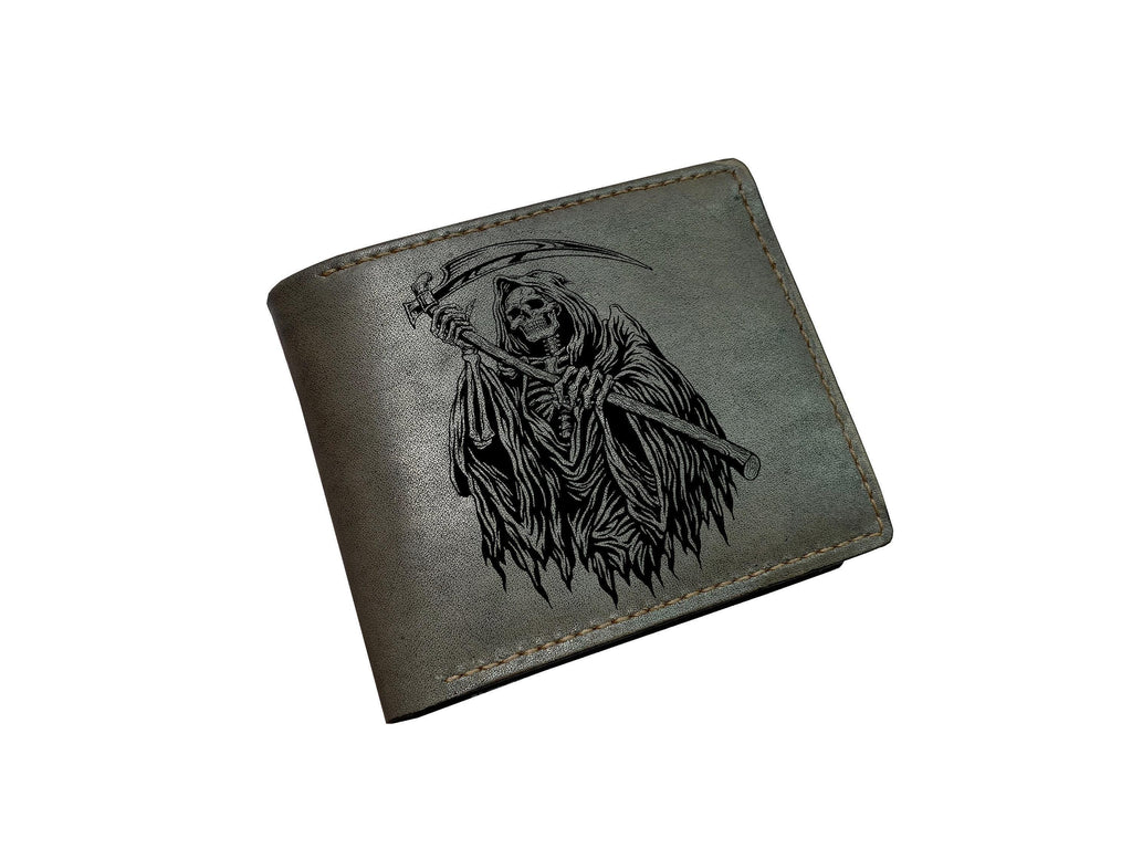 Personalized Leather Wallet, Death with Gun Art, Engraved Horror Wallet