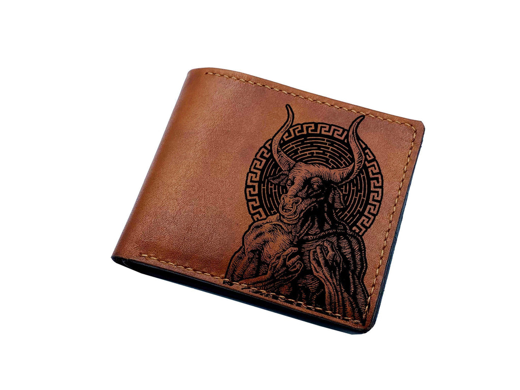 Minotaur Engraved Leather Men's Wallet, Personalized Gift