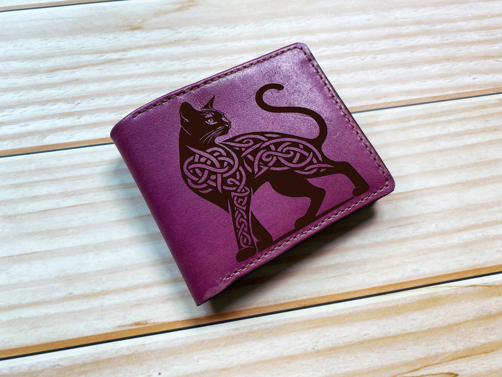 Celtic Cat Leather Wallet, Custom Engraved Bifold, Handmade