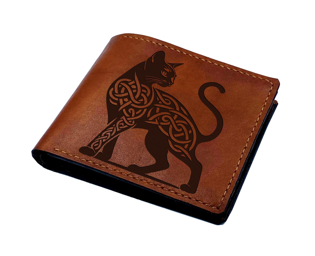 Celtic Cat Leather Wallet, Custom Engraved Bifold, Handmade