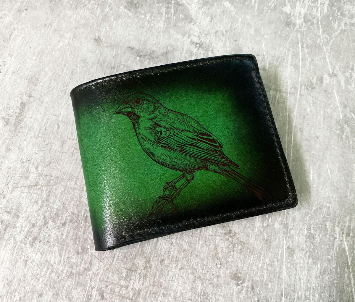 Handcrafted Leather Bird Drawing Wallet - Custom Engraved