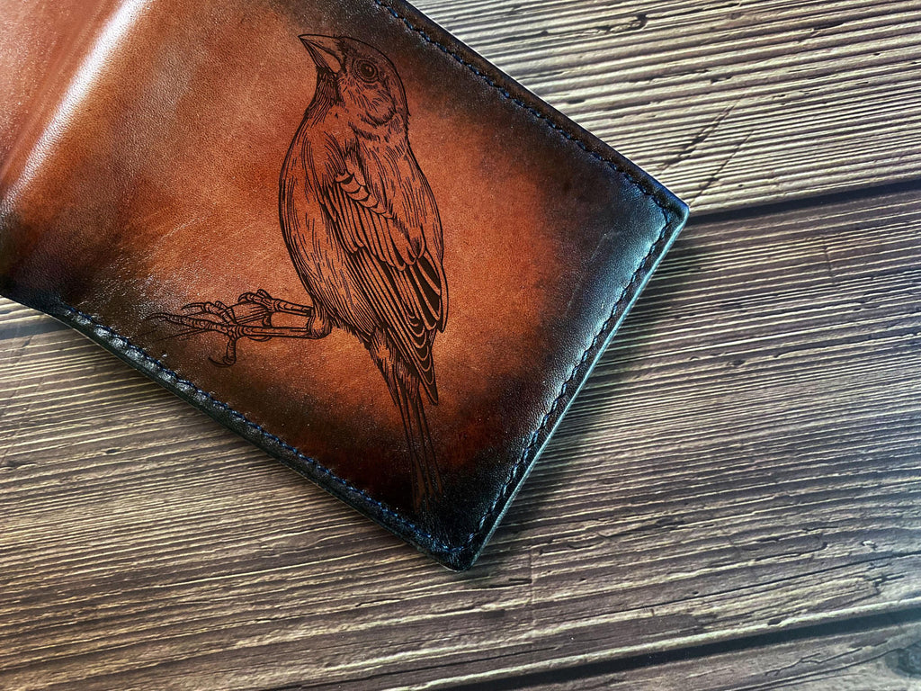 Handcrafted Leather Bird Drawing Wallet - Custom Engraved