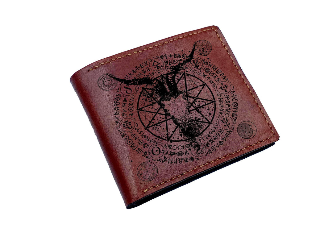 Custom Engraved Leather Wallet, Pentagram Pattern, Anniversary Gift