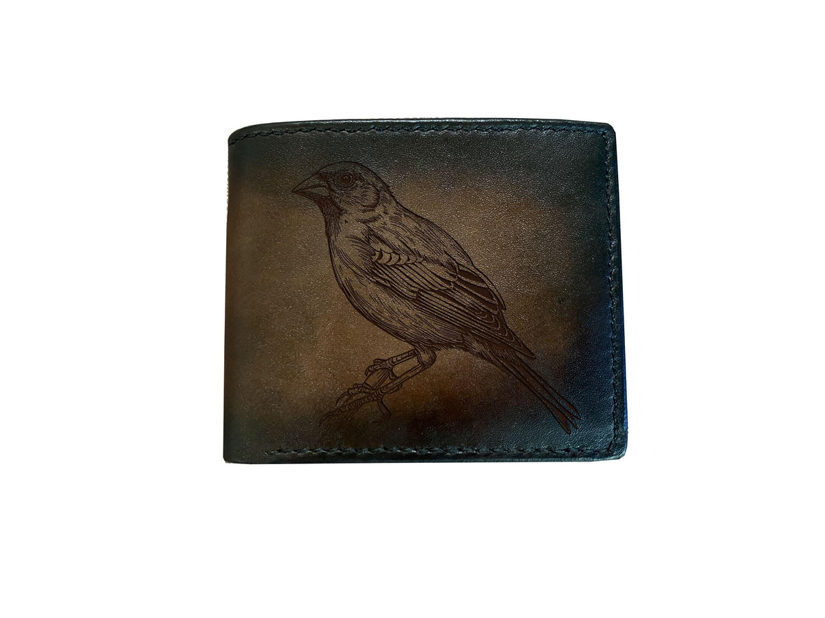 Handcrafted Leather Bird Drawing Wallet - Custom Engraved