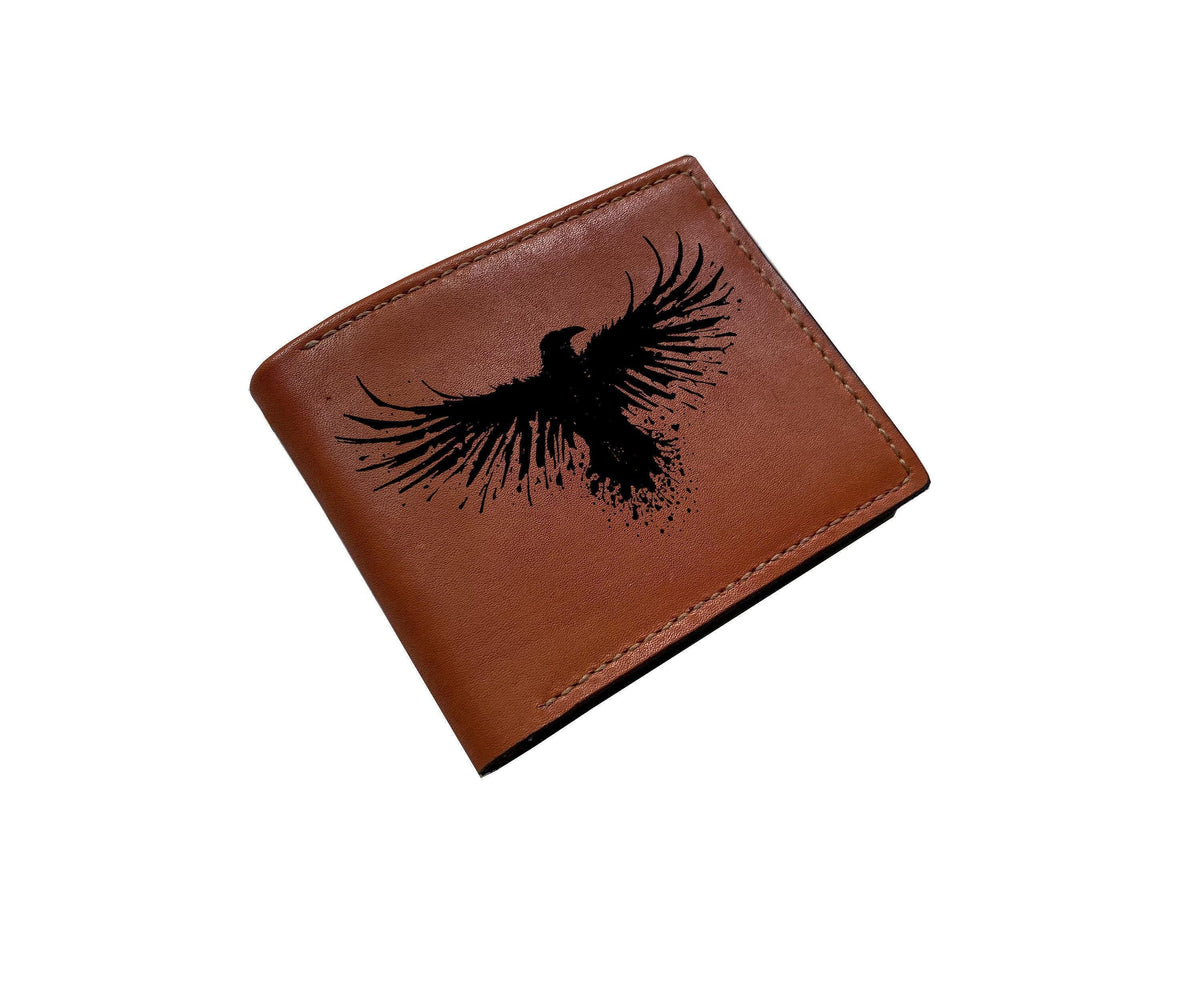 Raven Skull Leather Wallet, Personalized Bifold Gift