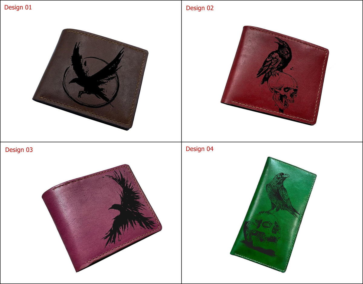 Raven Skull Leather Wallet, Personalized Bifold Gift