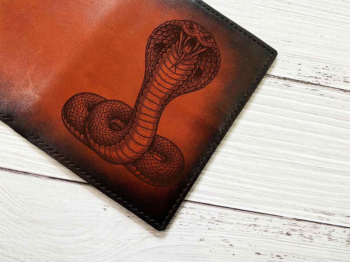 Handmade Leather Wallet, Cobra Snake Engraving, Personalized Gift for Him