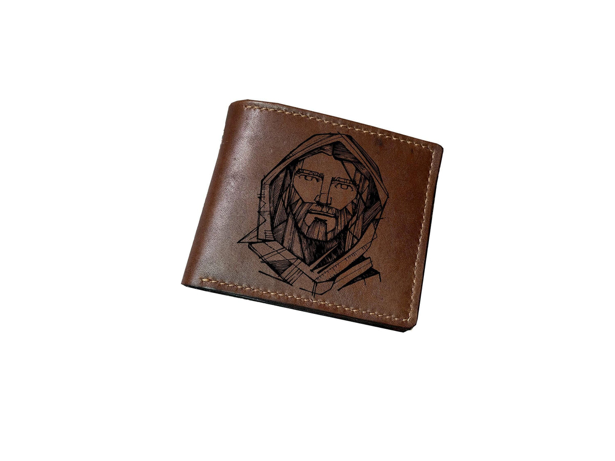 Handmade Leather Bifold Wallet: Jesus Christ Art, Christian Gift