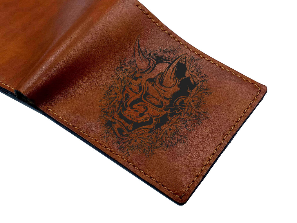 Custom Engraved Leather Wallet, Barong Lion Mask, Balinese Mythology