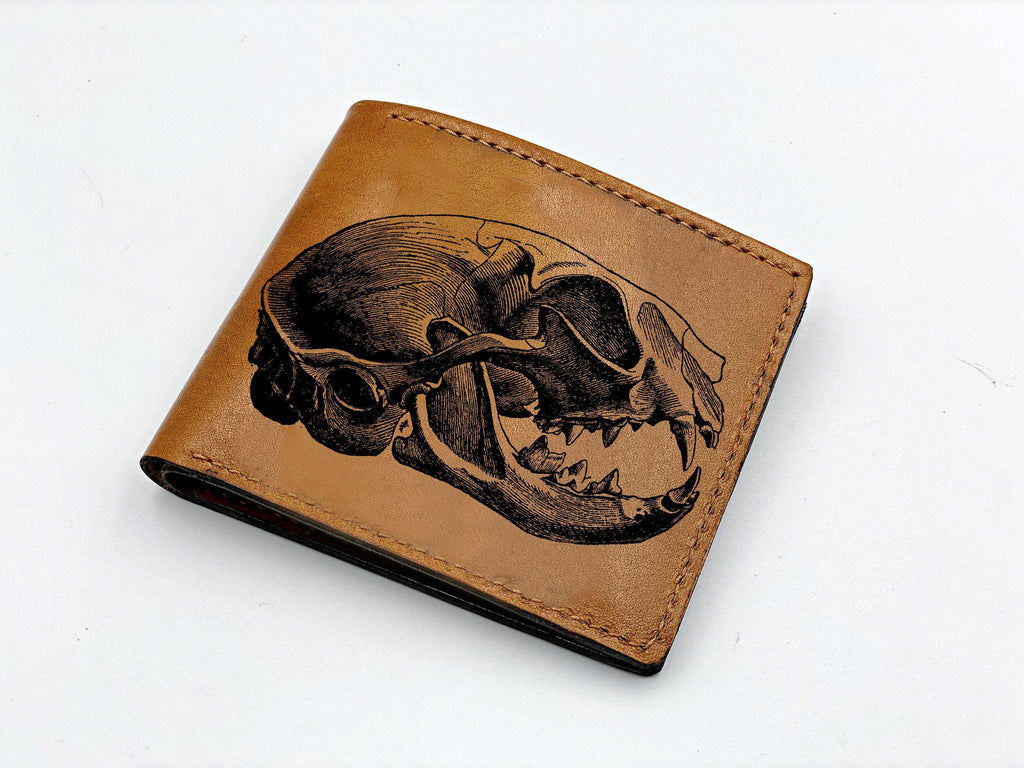 Personalized Leather Wallet: Cat Skull Engraved, Handmade