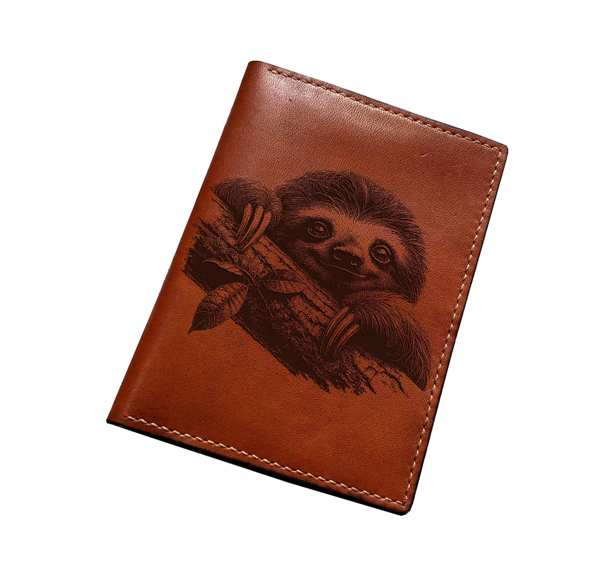 Sloth Drawing Leather Wallet, Handmade Bifold, Customized Gift