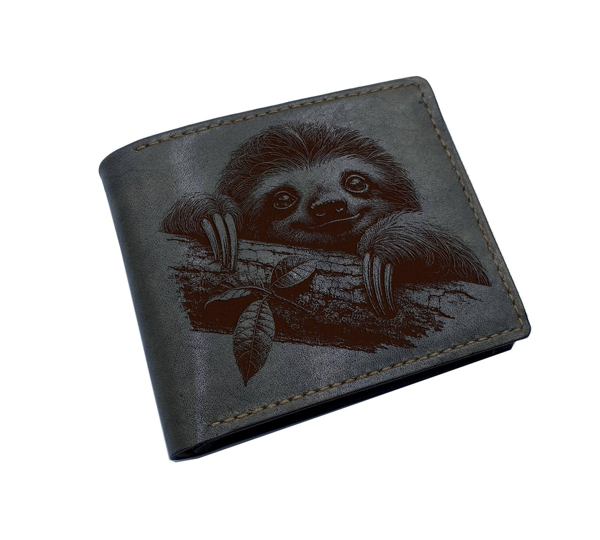 Sloth Drawing Leather Wallet, Handmade Bifold, Customized Gift