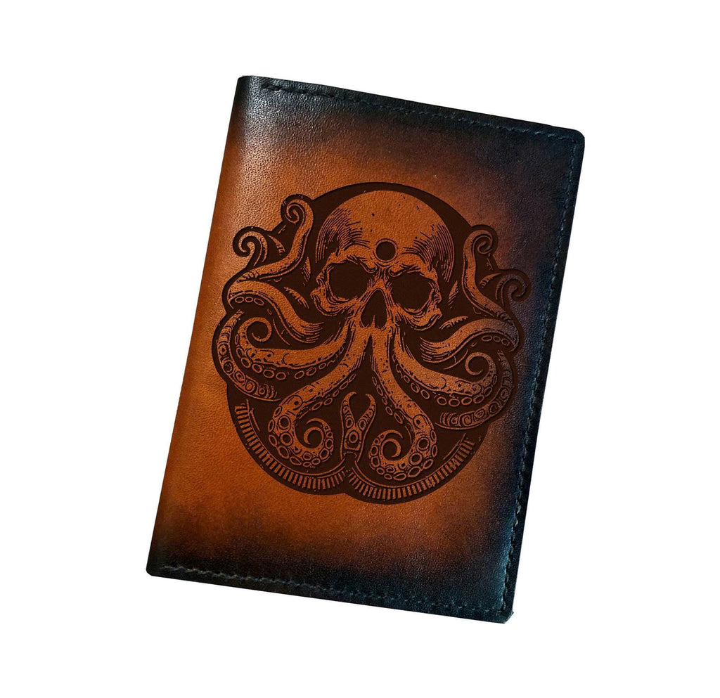 Octopus skull engrave leather passport wallet, personalized handmade travel case, Kraken leather gift ideas