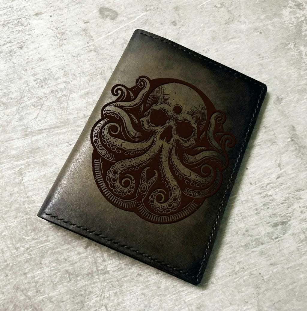 Octopus skull engrave leather passport wallet, personalized handmade travel case, Kraken leather gift ideas