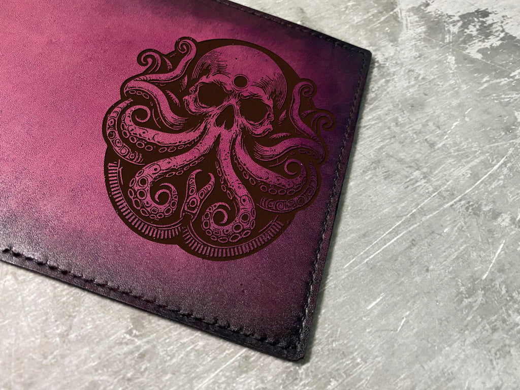 Octopus skull engrave leather passport wallet, personalized handmade travel case, Kraken leather gift ideas