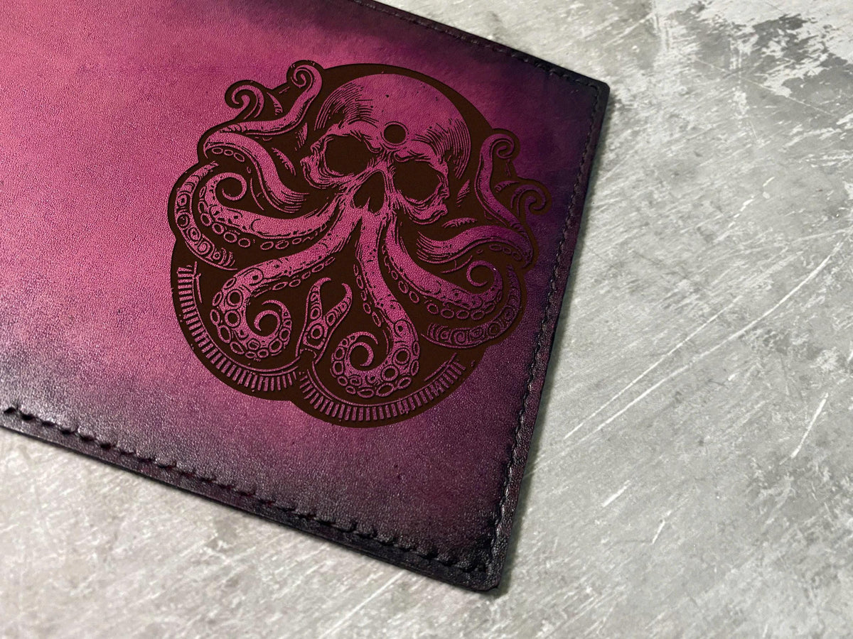 Octopus skull engrave leather passport wallet, personalized handmade travel case, Kraken leather gift ideas