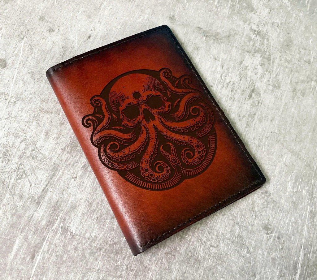 Octopus skull engrave leather passport wallet, personalized handmade travel case, Kraken leather gift ideas