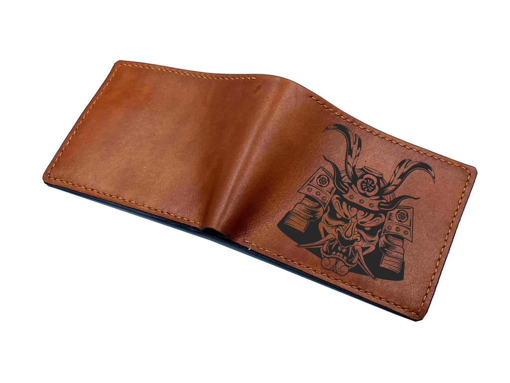Personalized Leather Wallet, Japanese Oni Mask Art, Handmade