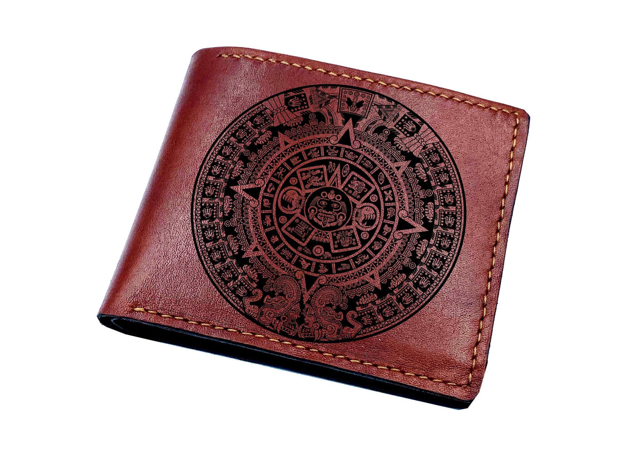 Personalized Leather Wallet: Engraved Mayan Aztec Calendar Art