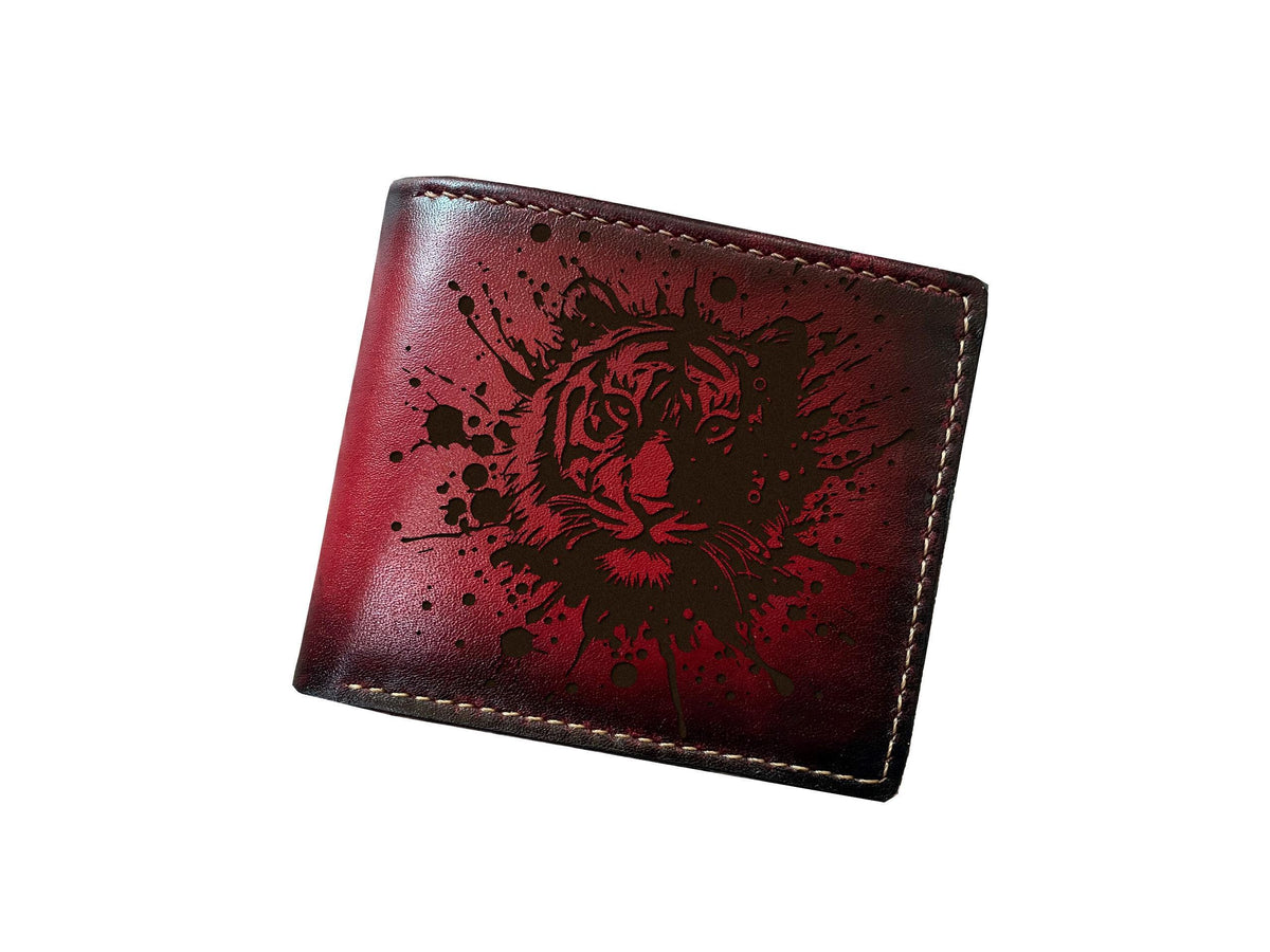 Personalized Genuine Leather Wallet, Tiger Art Engraving, Gift for Dad