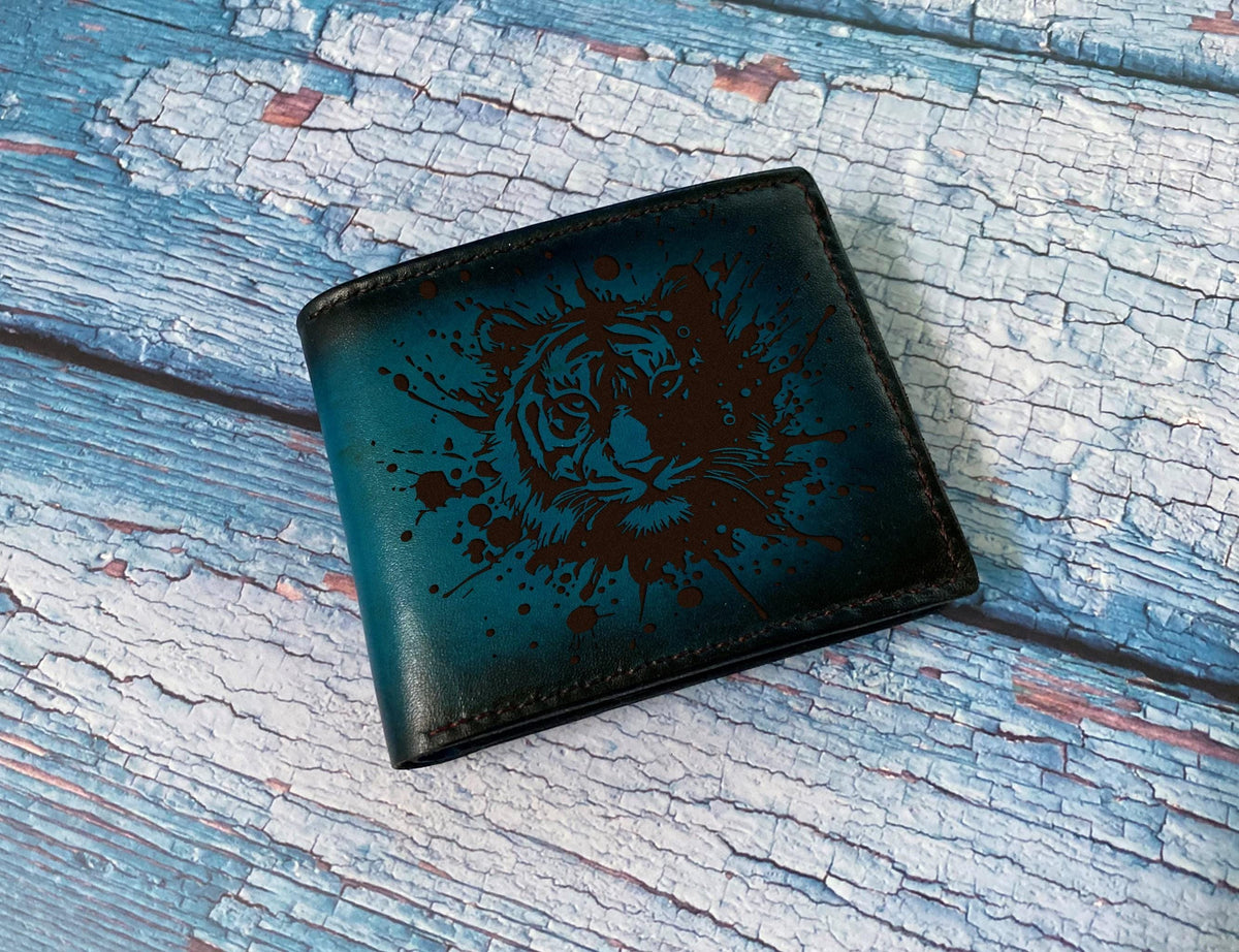 Personalized Genuine Leather Wallet, Tiger Art Engraving, Gift for Dad