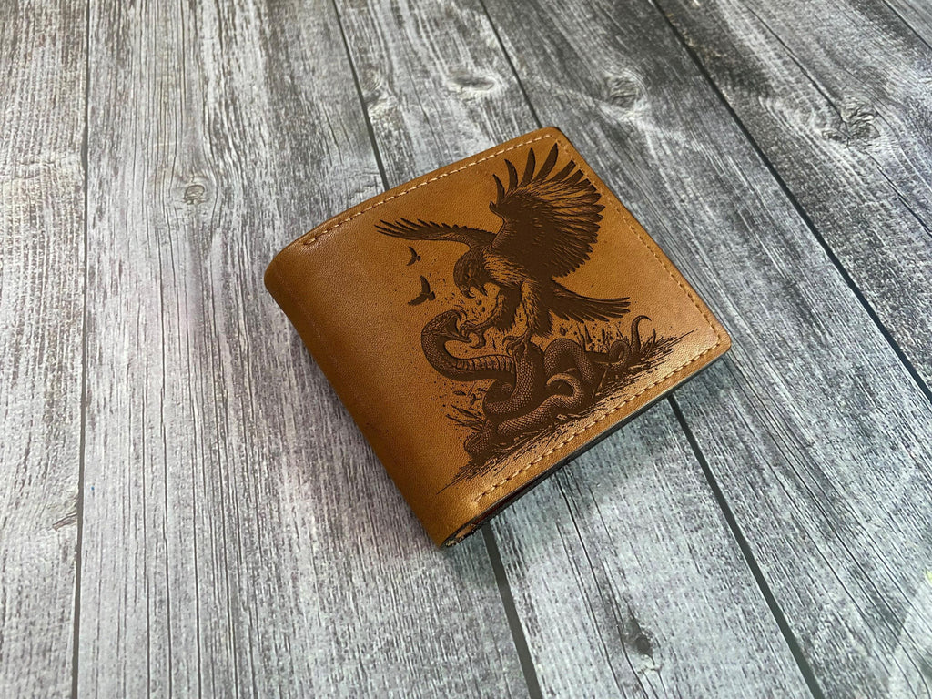 Handmade Leather Bifold Wallet, Eagle vs Snake Engraving