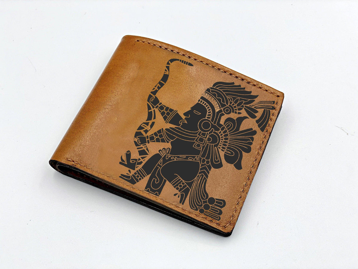 Engraved Leather Men's Wallet, Maya Inca Aztec Warrior, Personalized Gift