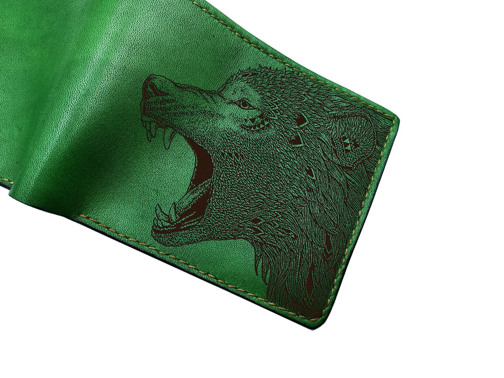 Wolf Engraved Leather Bifold Wallet: Custom Animal Pattern