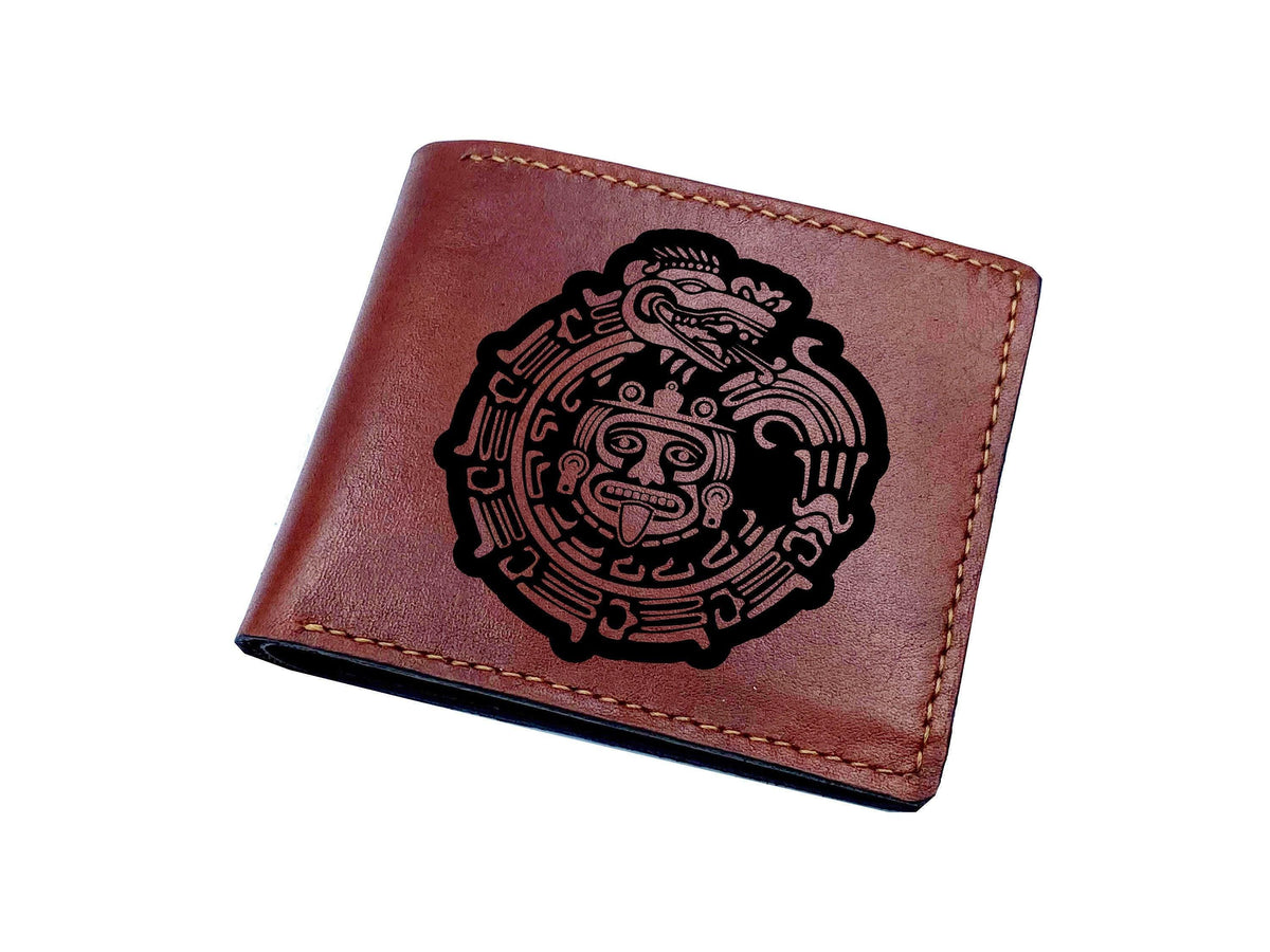 Engraved Leather Men's Wallet, Maya Inca Aztec Warrior, Personalized Gift