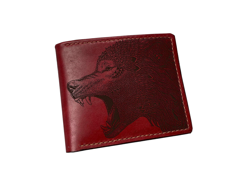 Wolf Engraved Leather Bifold Wallet: Custom Animal Pattern