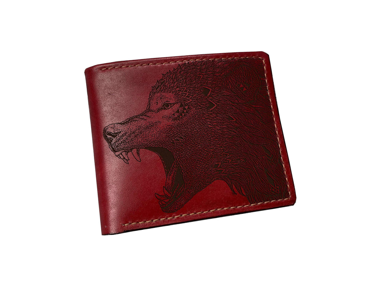 Wolf Engraved Leather Bifold Wallet: Custom Animal Pattern