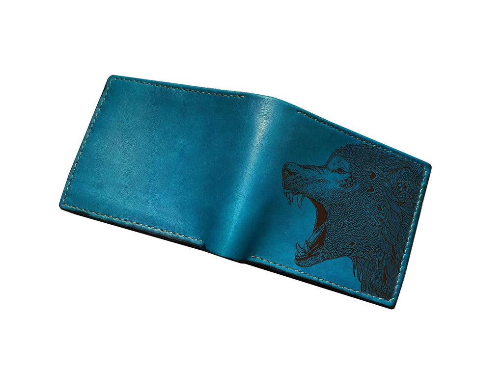 Wolf Engraved Leather Bifold Wallet: Custom Animal Pattern