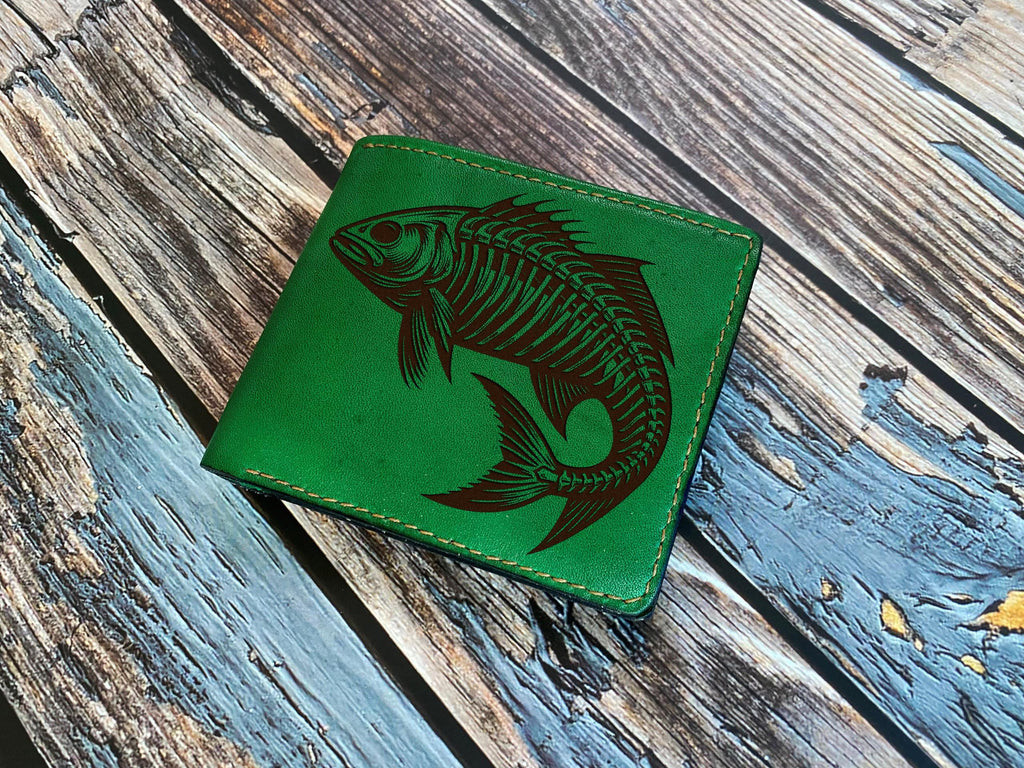 Fish Skeleton Leather Wallet, Handmade Veg-Tan Cowhide, Anniversary Gift
