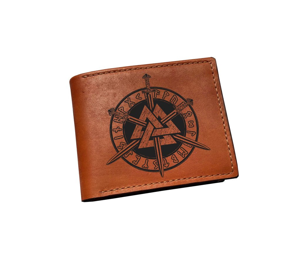 Valknut Celtic Engraved Leather Wallet, Scandinavian Gift