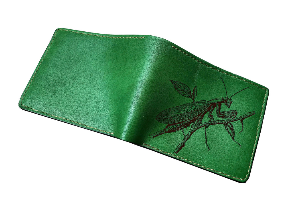 Engraved Mantis Leather Wallet, Handmade Insect Men's Wallet