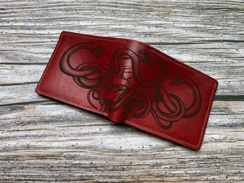 Handmade Leather Wallet, Engraved Snake Skull Pattern, Personalized Gift for Him