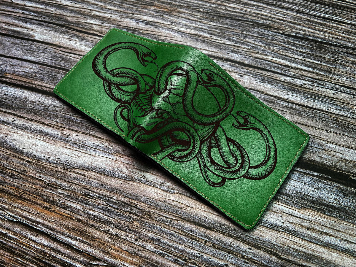 Handmade Leather Wallet, Engraved Snake Skull Pattern, Personalized Gift for Him