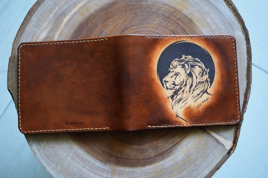 Personalized Lion Leather Wallet: Handmade Slim Bifold