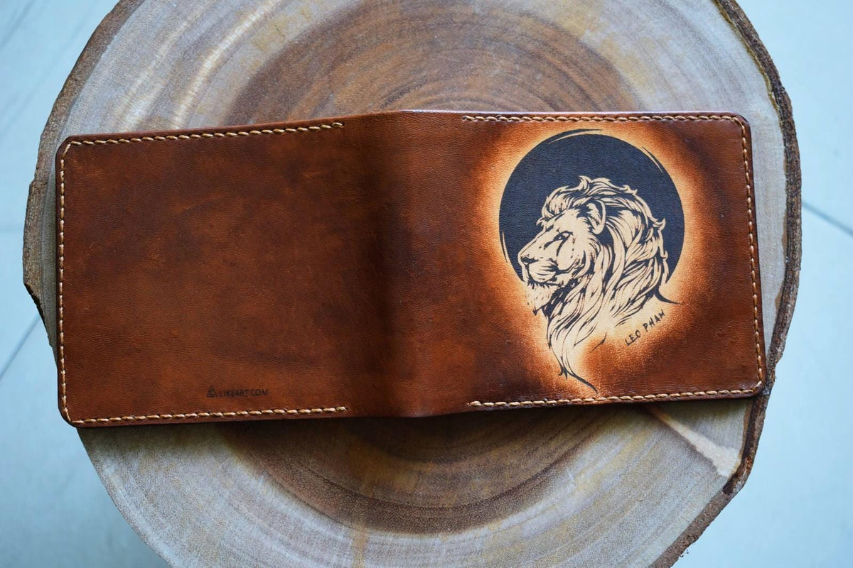 Personalized Lion Leather Wallet: Handmade Slim Bifold